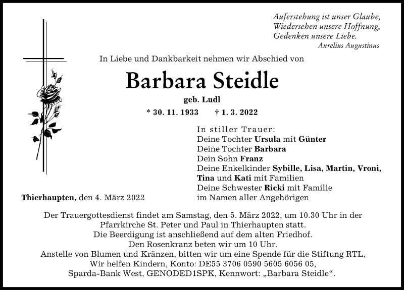 Traueranzeige von Barbara Steidle von Aichacher Nachrichten
