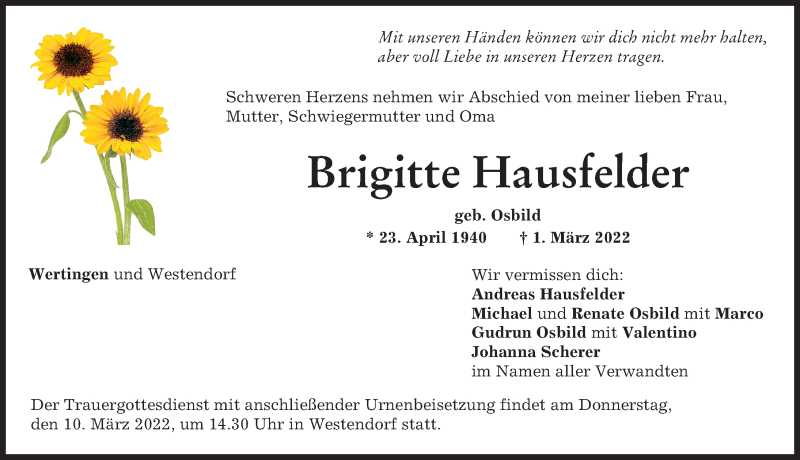 Traueranzeige von Brigitte Hausfelder von Augsburg-Land