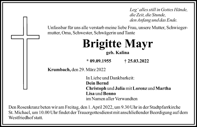  Traueranzeige für Brigitte Mayr vom 29.03.2022 aus Mittelschwäbische Nachrichten