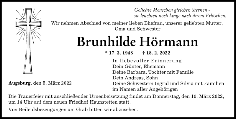 Traueranzeige von Brunhilde Hörmann von Augsburger Allgemeine