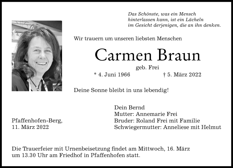 Traueranzeige von Carmen Braun von Augsburger Allgemeine, Neu-Ulmer Zeitung