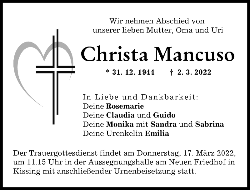 Traueranzeige von Christa Mancuso von Friedberger Allgemeine