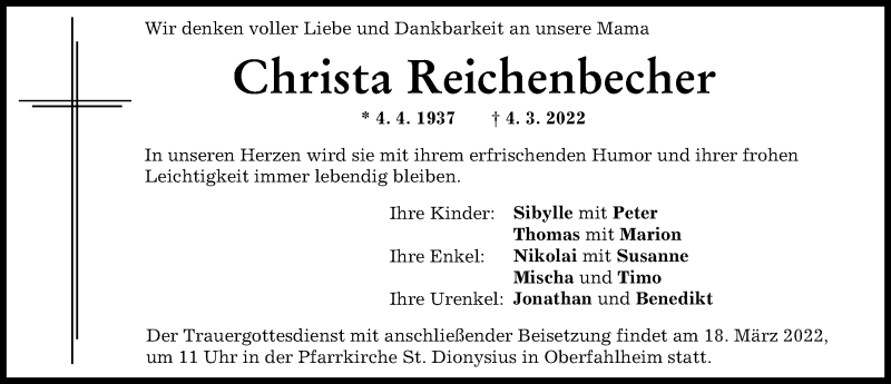 Traueranzeige von Christa Reichenbecher von Neu-Ulmer Zeitung