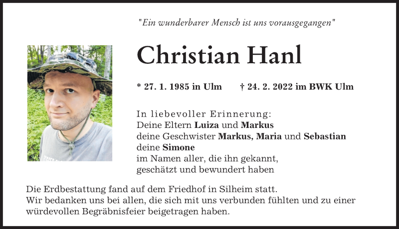 Traueranzeige von Christian Hanl von Günzburger Zeitung, Neu-Ulmer Zeitung