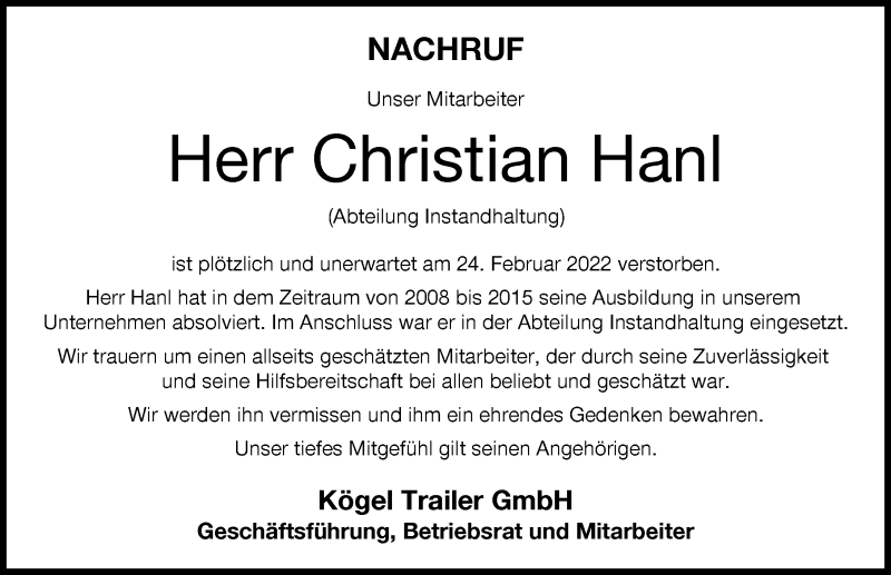Traueranzeige von Christian Hanl von Günzburger Zeitung