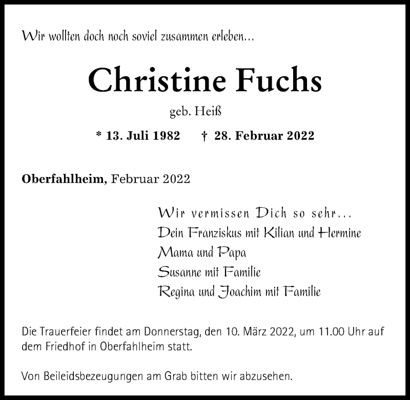 Traueranzeige von Christine Fuchs von Neu-Ulmer Zeitung
