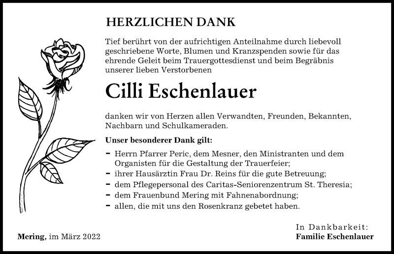 Traueranzeige von Cilli Eschenlauer von Friedberger Allgemeine