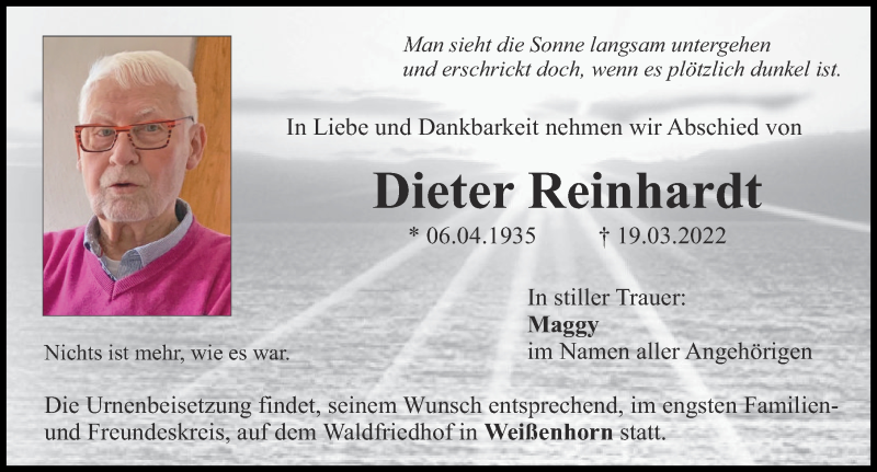 Traueranzeige von Dieter Reinhardt von Neu-Ulmer Zeitung, Illertisser Zeitung