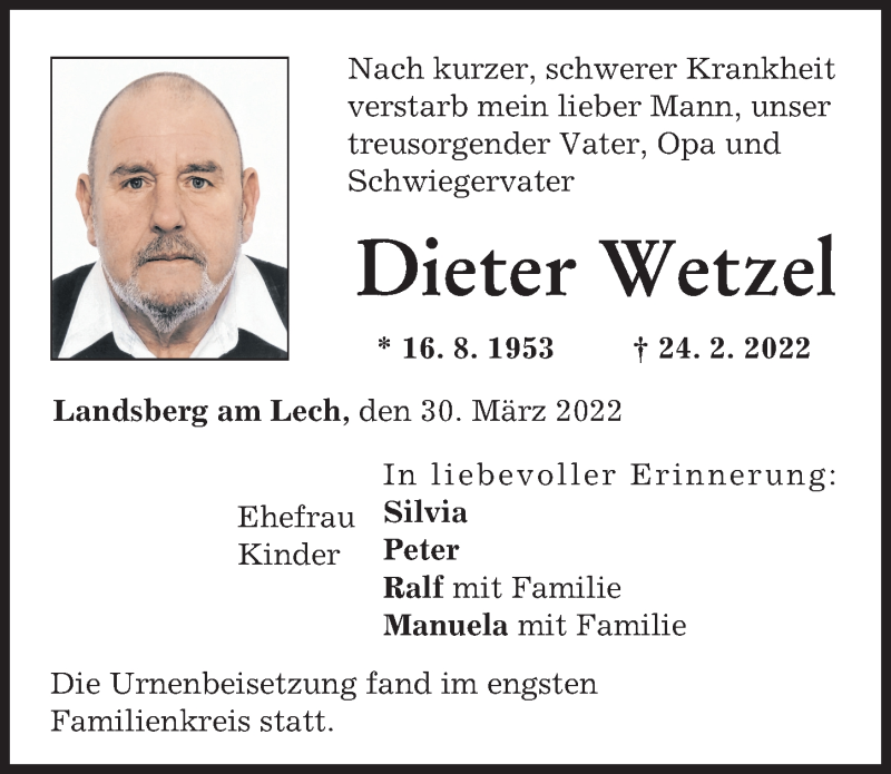 Traueranzeige von Dieter Wetzel von Landsberger Tagblatt
