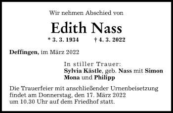 Traueranzeige von Edith Nass von Günzburger Zeitung
