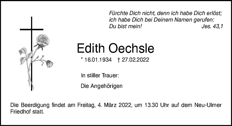 Traueranzeige von Edith Oechsle von Augsburger Allgemeine, Neu-Ulmer Zeitung