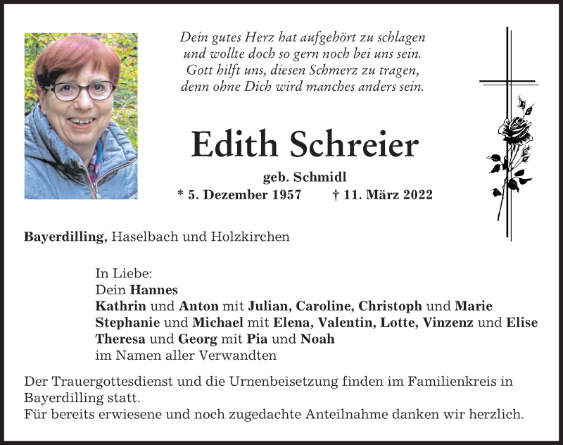  Traueranzeige für Edith Schreier vom 19.03.2022 aus Neuburger Rundschau, Donauwörther Zeitung