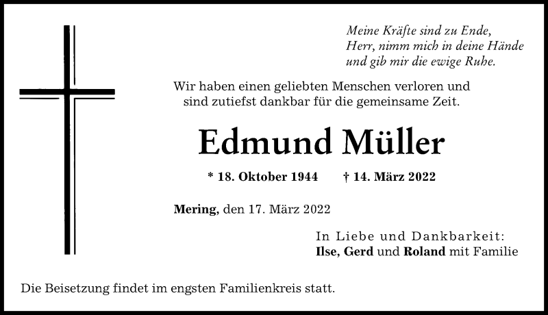  Traueranzeige für Edmund Müller vom 17.03.2022 aus Friedberger Allgemeine