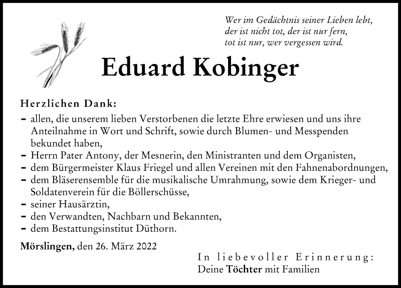 Traueranzeige von Eduard Kobinger von Donau Zeitung