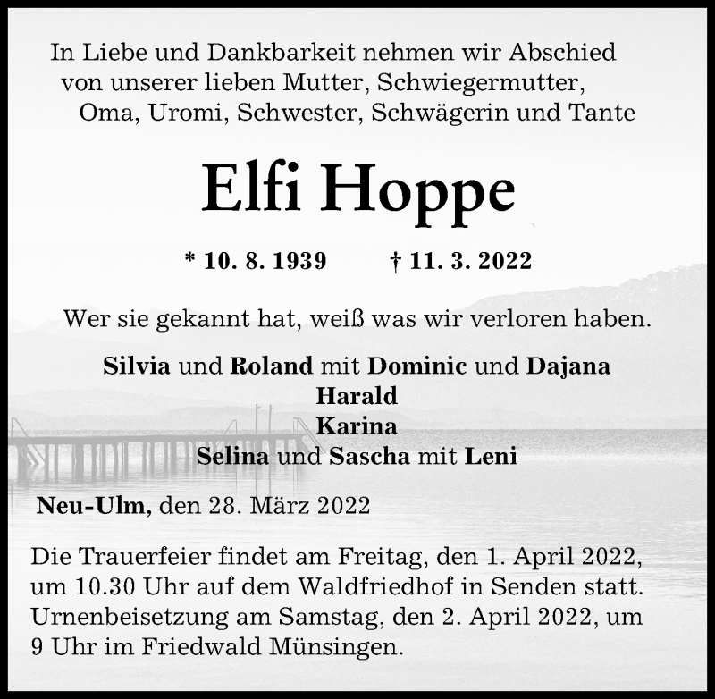 Traueranzeige von Elfi Hoppe von Neu-Ulmer Zeitung