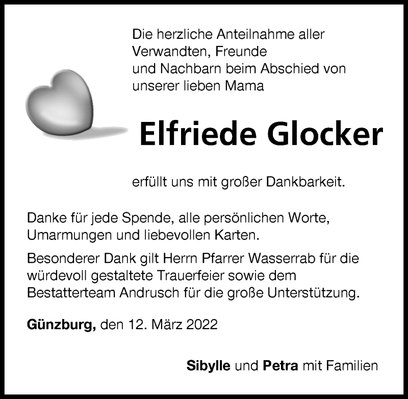 Traueranzeige von Elfriede Glocker von Günzburger Zeitung
