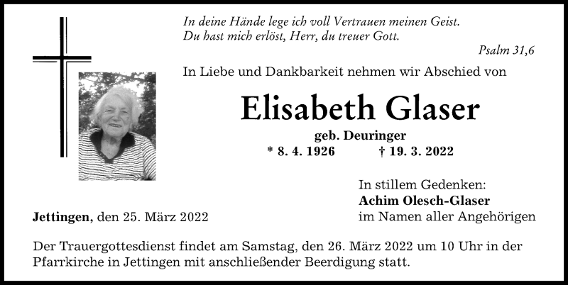  Traueranzeige für Elisabeth Glaser vom 25.03.2022 aus Günzburger Zeitung