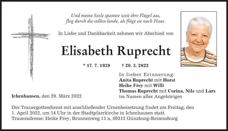 Traueranzeige von Elisabeth Ruprecht von Günzburger Zeitung