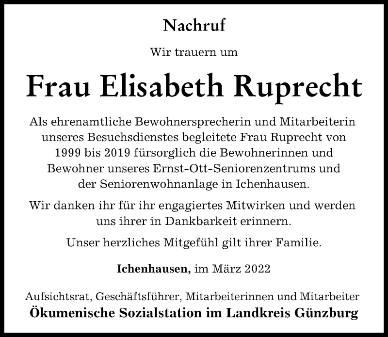 Traueranzeige von Elisabeth Ruprecht von Günzburger Zeitung