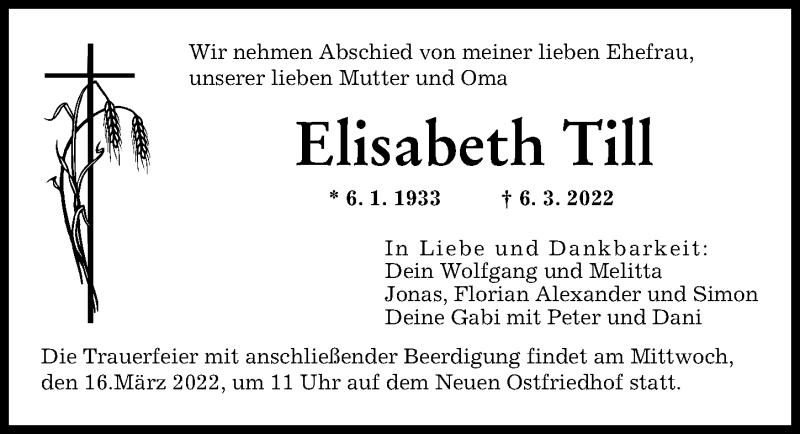  Traueranzeige für Elisabeth Till vom 12.03.2022 aus Augsburger Allgemeine
