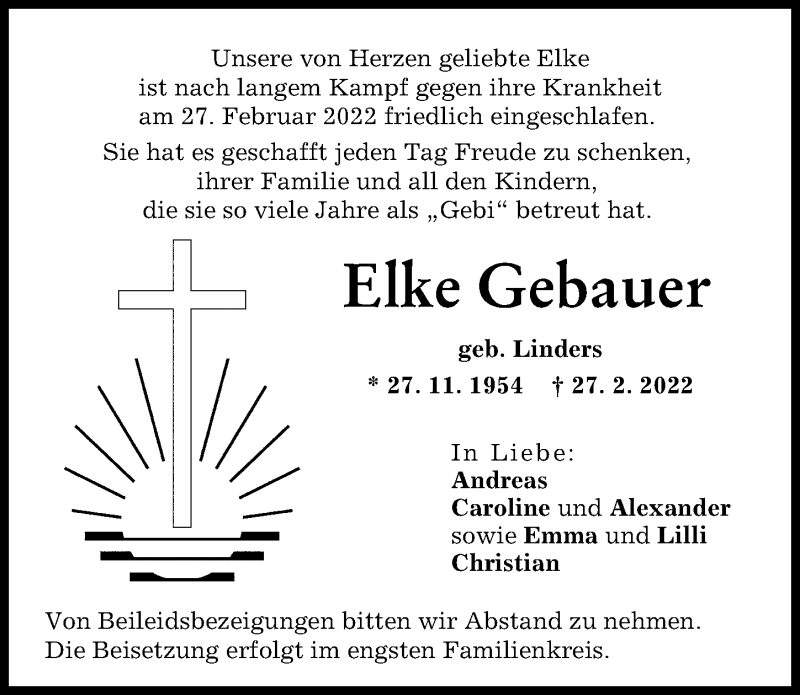 Traueranzeige von Elke Gebauer von Neu-Ulmer Zeitung