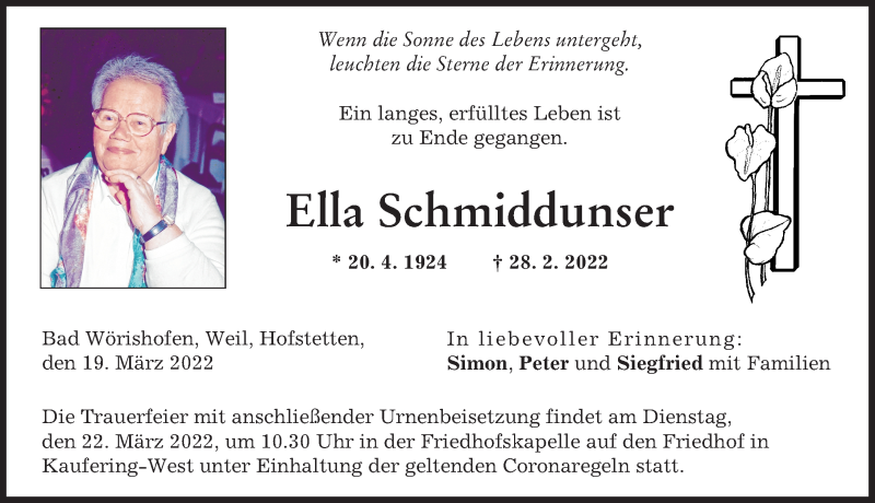 Traueranzeige von Ella Schmiddunser von Landsberger Tagblatt