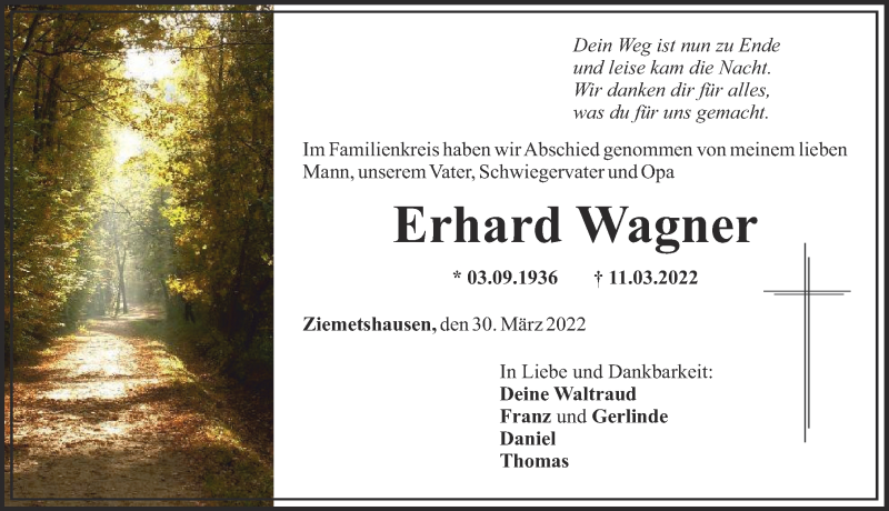 Traueranzeige von Erhard Wagner von Mittelschwäbische Nachrichten