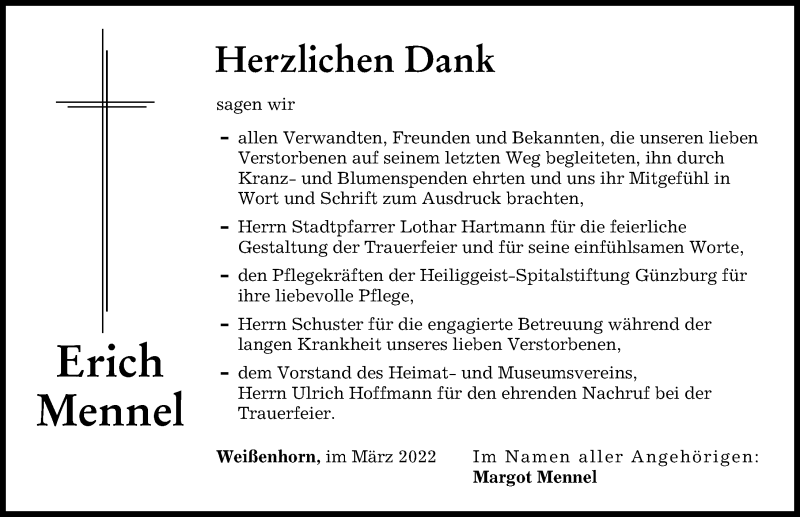 Traueranzeige von Erich Mennel von Neu-Ulmer Zeitung