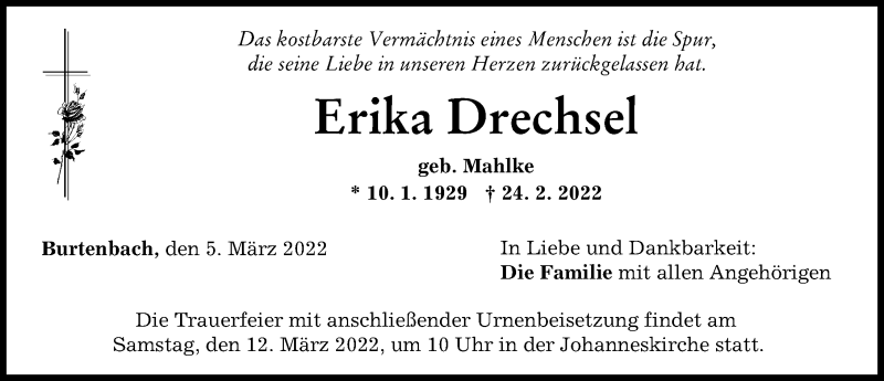 Traueranzeige von Erika Drechsel von Günzburger Zeitung