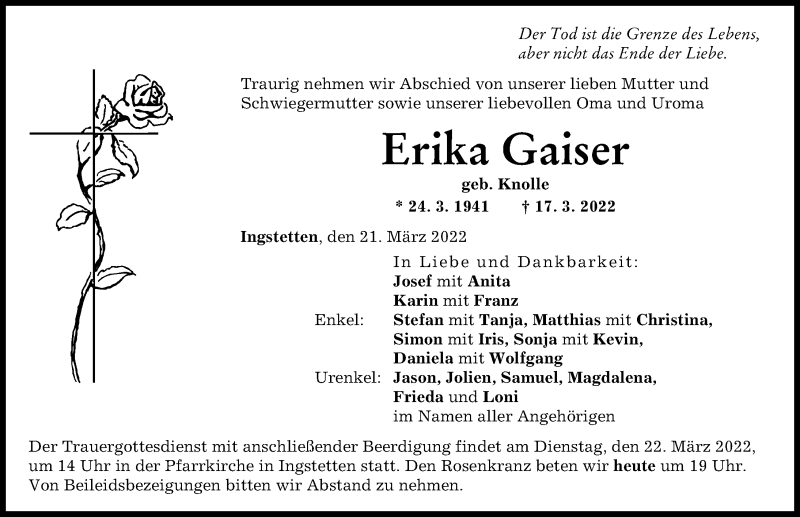 Traueranzeige von Erika Gaiser von Neu-Ulmer Zeitung