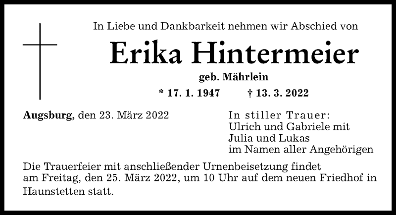 Traueranzeige von Erika Hintermeier von Augsburger Allgemeine