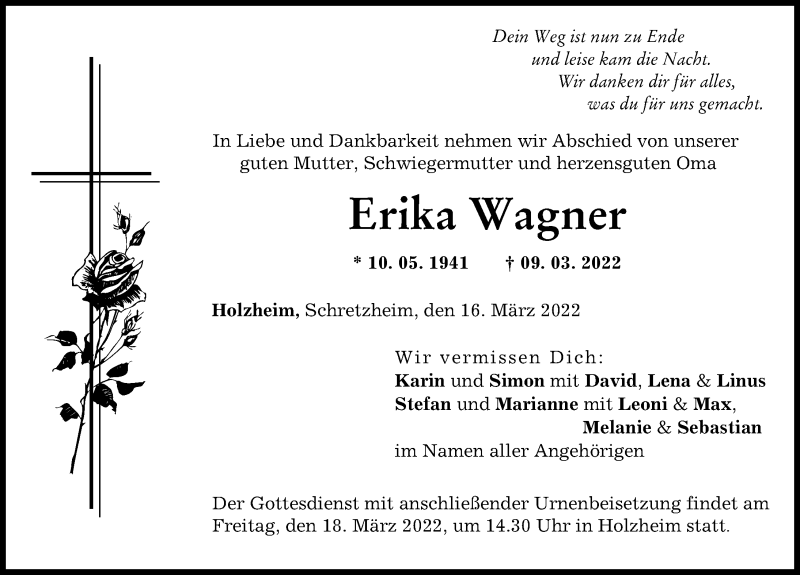 Traueranzeige von Erika Wagner von Donau Zeitung