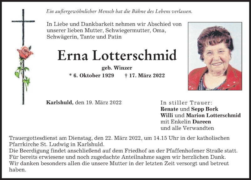  Traueranzeige für Erna Lotterschmid vom 19.03.2022 aus Neuburger Rundschau