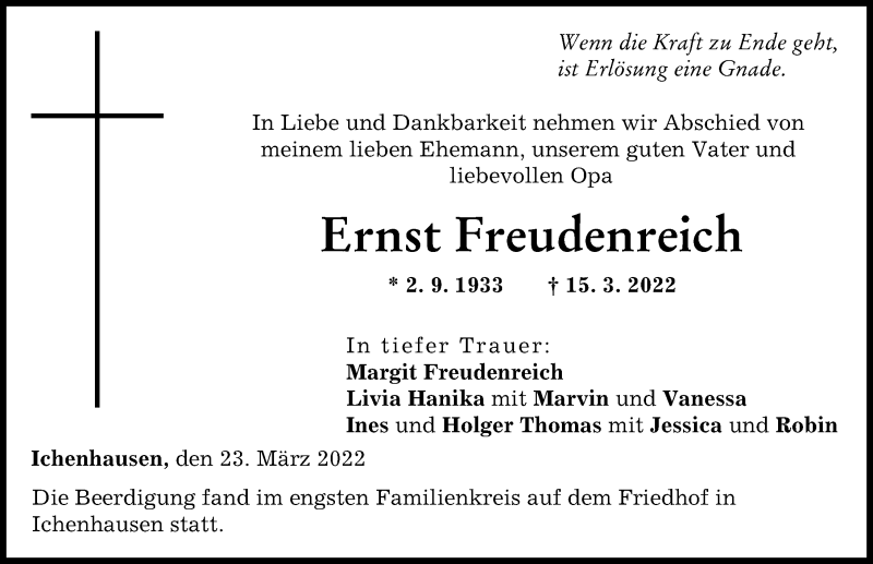 Traueranzeige von Ernst Freudenreich von Günzburger Zeitung