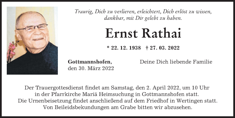 Traueranzeige von Ernst Rathai von Wertinger Zeitung