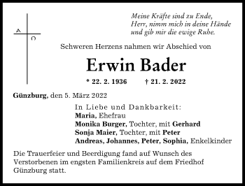 Traueranzeige von Erwin Bader von Günzburger Zeitung