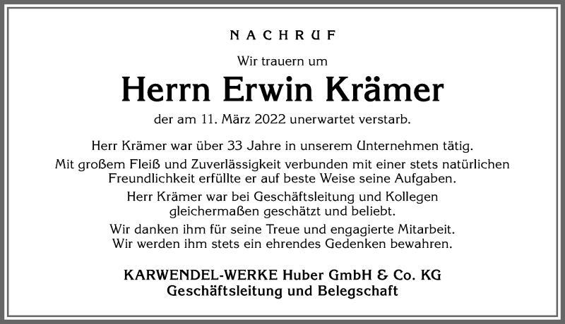Traueranzeige von Erwin Krämer von Mindelheimer Zeitung