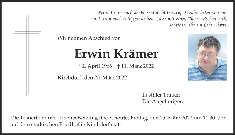  Traueranzeige für Erwin Krämer vom 25.03.2022 aus Mindelheimer Zeitung