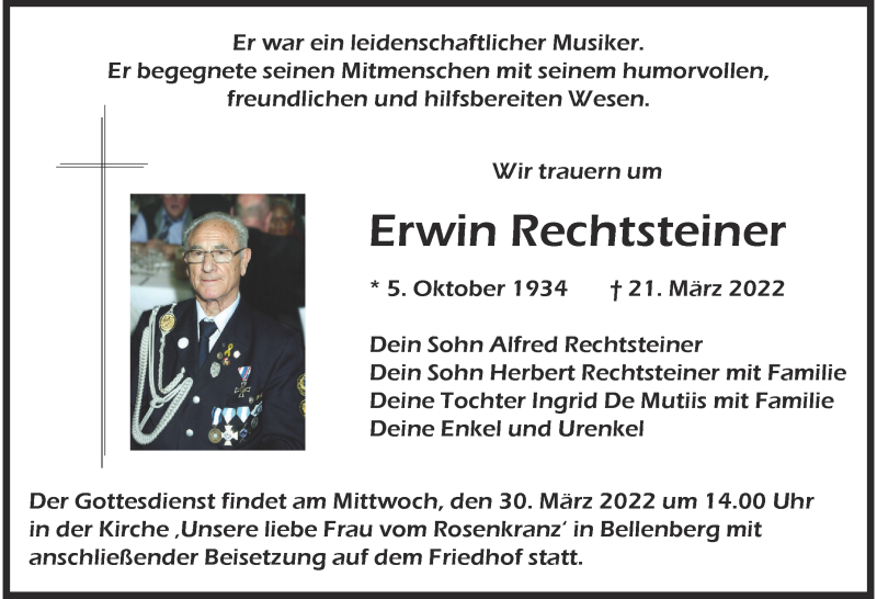 Traueranzeige von Erwin Rechtsteiner von Neu-Ulmer Zeitung, Illertisser Zeitung