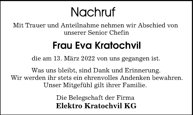 Traueranzeige von Eva Kratochvil von Wertinger Zeitung