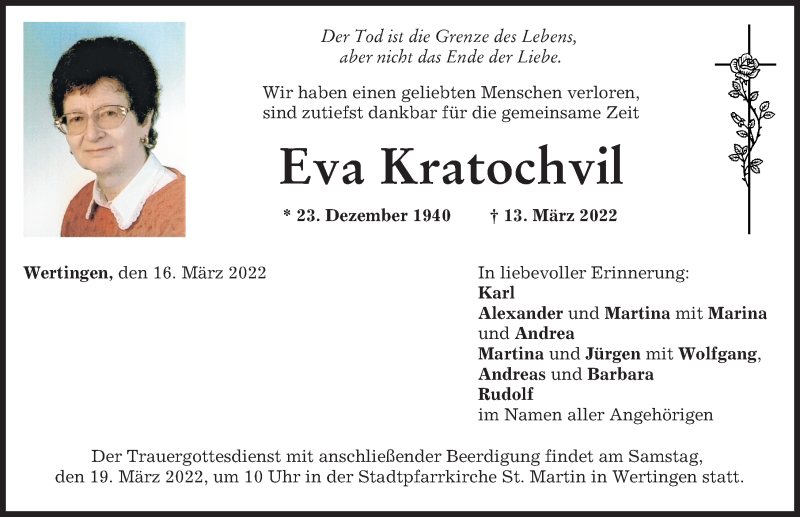 Traueranzeige von Eva Kratochvil von Wertinger Zeitung, Donau Zeitung