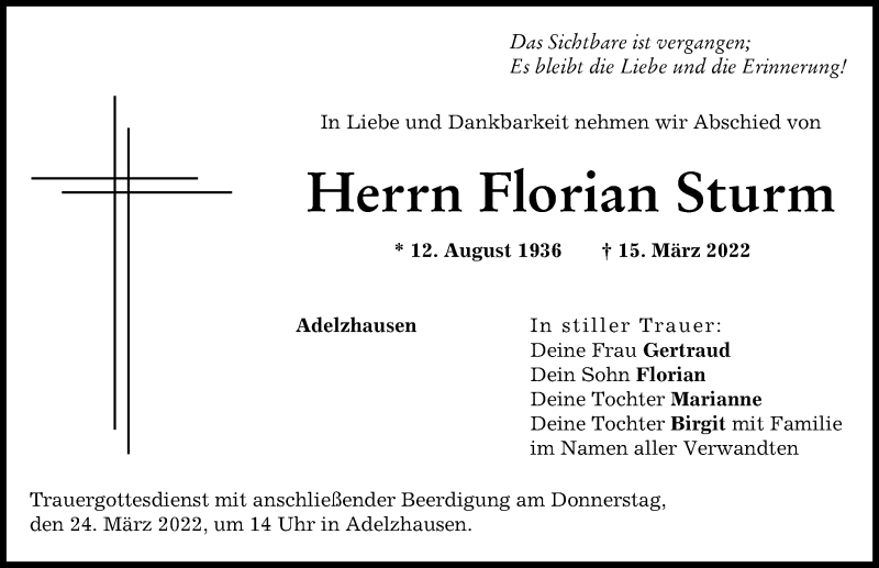 Traueranzeige von Florian Sturm von Aichacher Nachrichten