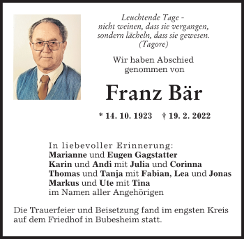 Traueranzeige von Franz Bär von Günzburger Zeitung