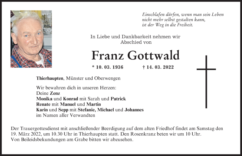 Traueranzeige von Franz Gottwald von Augsburg-Land