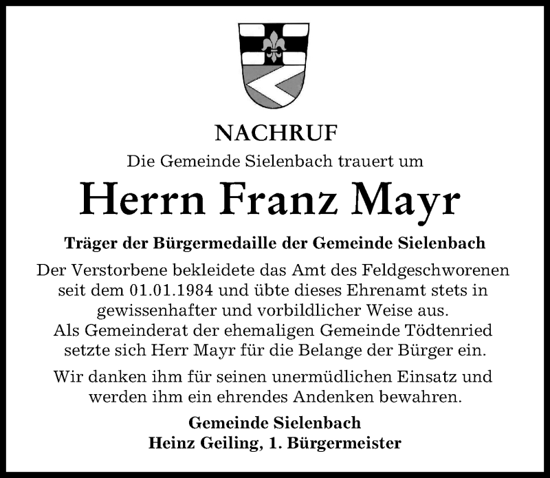 Traueranzeige von Franz Mayr von Aichacher Nachrichten