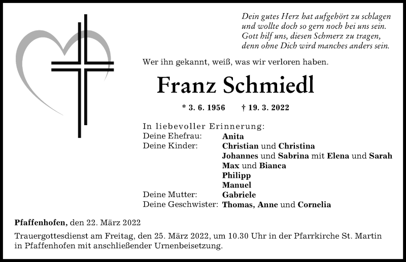  Traueranzeige für Franz Schmiedl vom 22.03.2022 aus Neu-Ulmer Zeitung