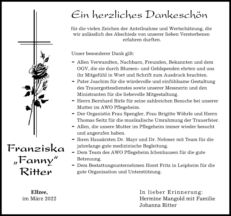 Traueranzeige von Franziska Ritter von Mittelschwäbische Nachrichten, Günzburger Zeitung