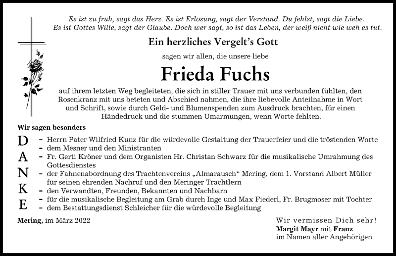 Traueranzeigen Von Frieda Fuchs Augsburger Allgemeine Zeitung