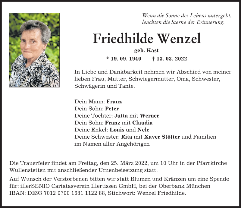 Traueranzeige von Friedhilde Wenzel von Neu-Ulmer Zeitung