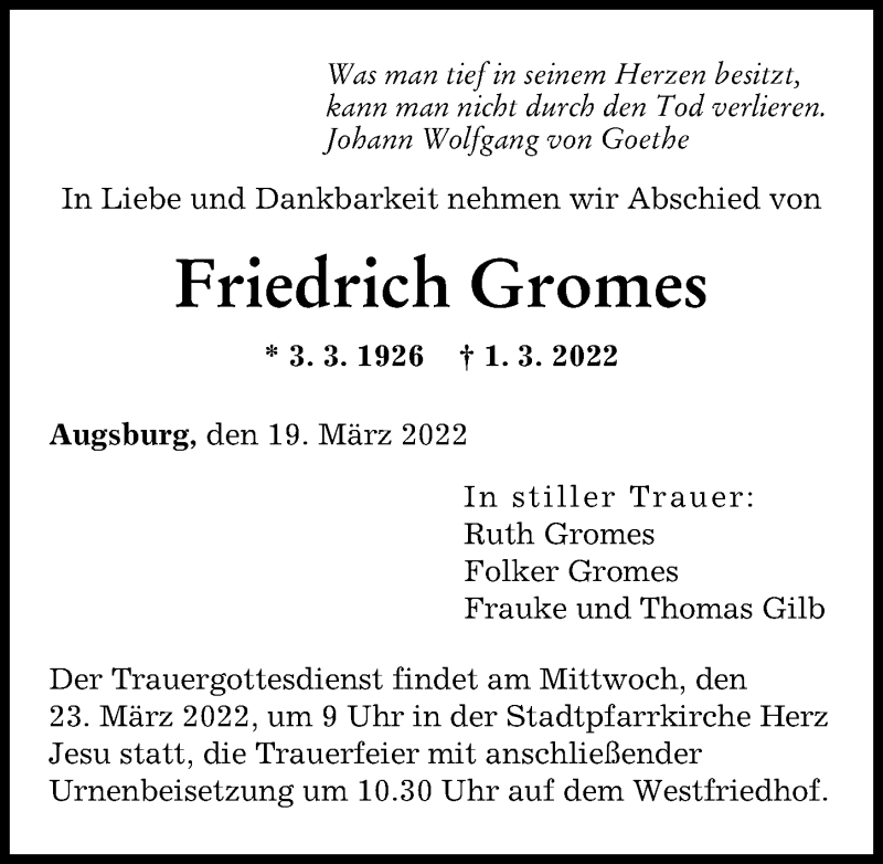 Traueranzeige von Friedrich Gromes von Augsburger Allgemeine